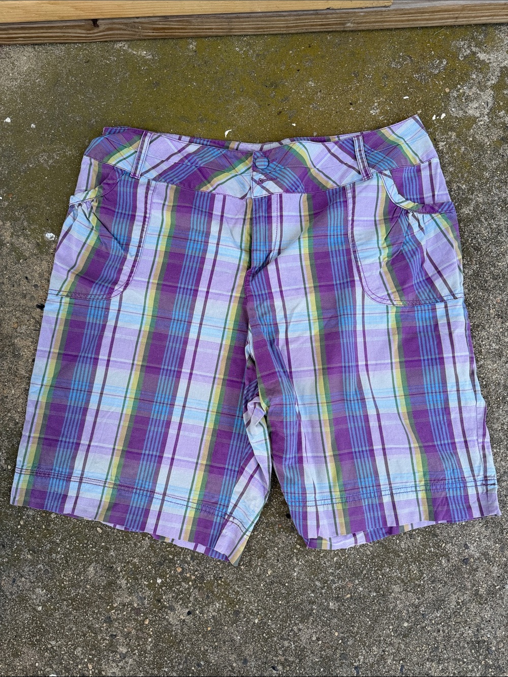 LANE BRYANT Plaid Cotton Shorts in Purple & Pastel Stripes
